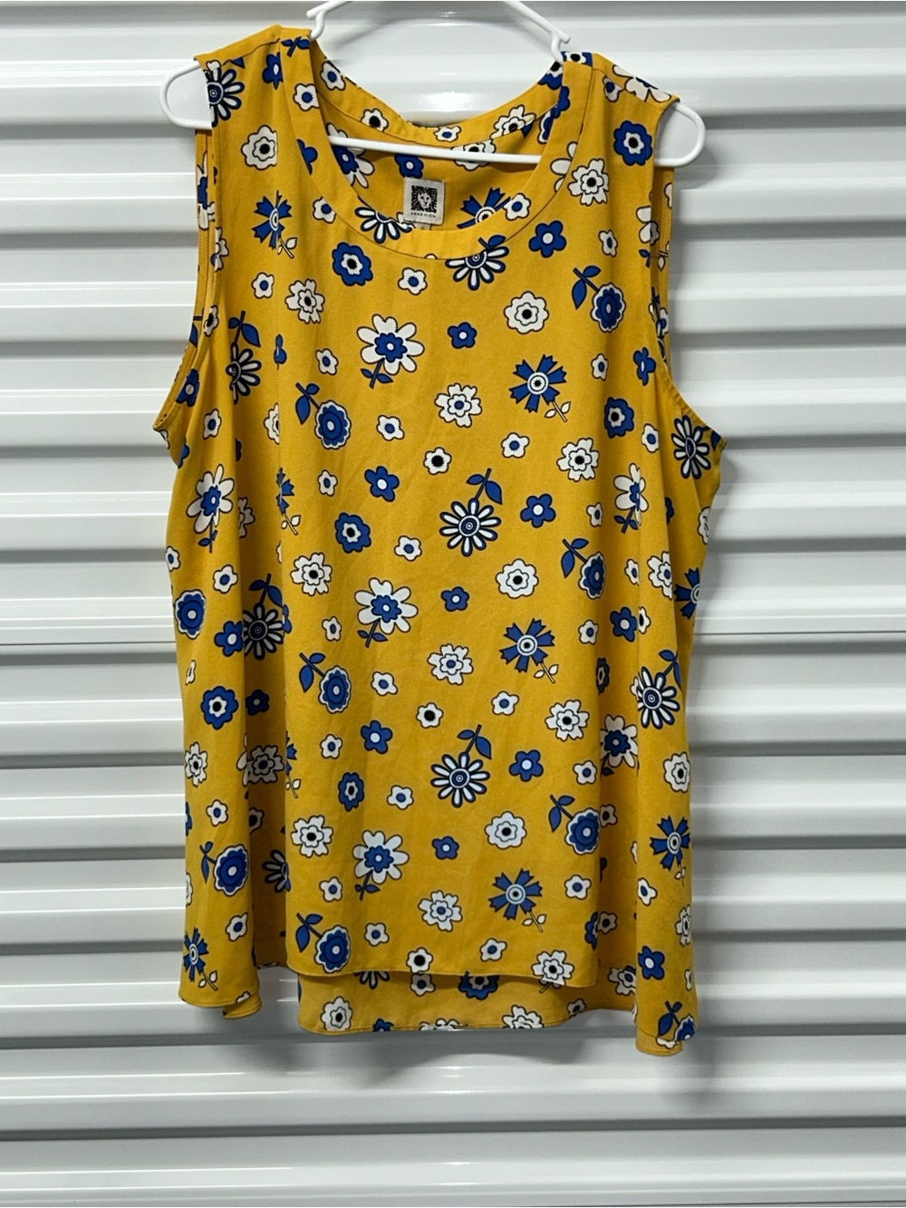Anne Klein Mustard Yellow Floral Tank with Blue and White Flowers
